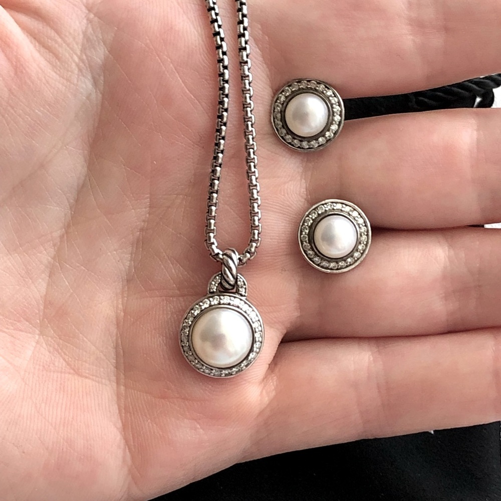 David Yurman Albion necklace and earrings - 925 silver, pearl, diamonds.